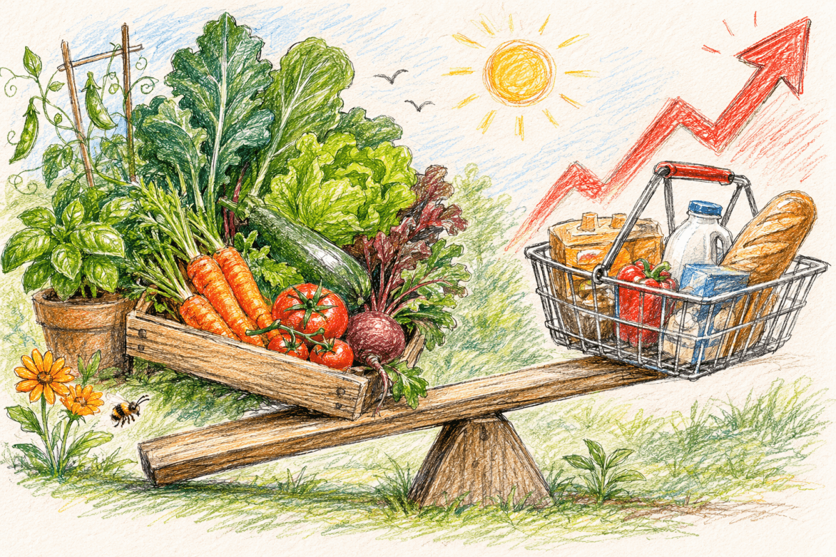 Colourful Sketch of Wooden seesaw with vegetables one end and a shopping basket will of expensive goods the other