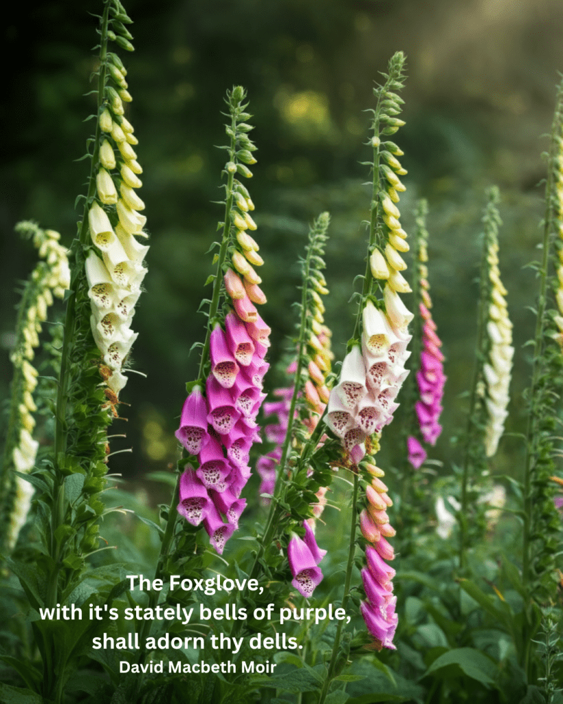 Foxgloves  - spires of bell like flowers in cream and purple/pink
Woodland Setting.
The Foxglove, with it's stately bells of purple, shall adorn thy dells.
David Macbeth Moir
