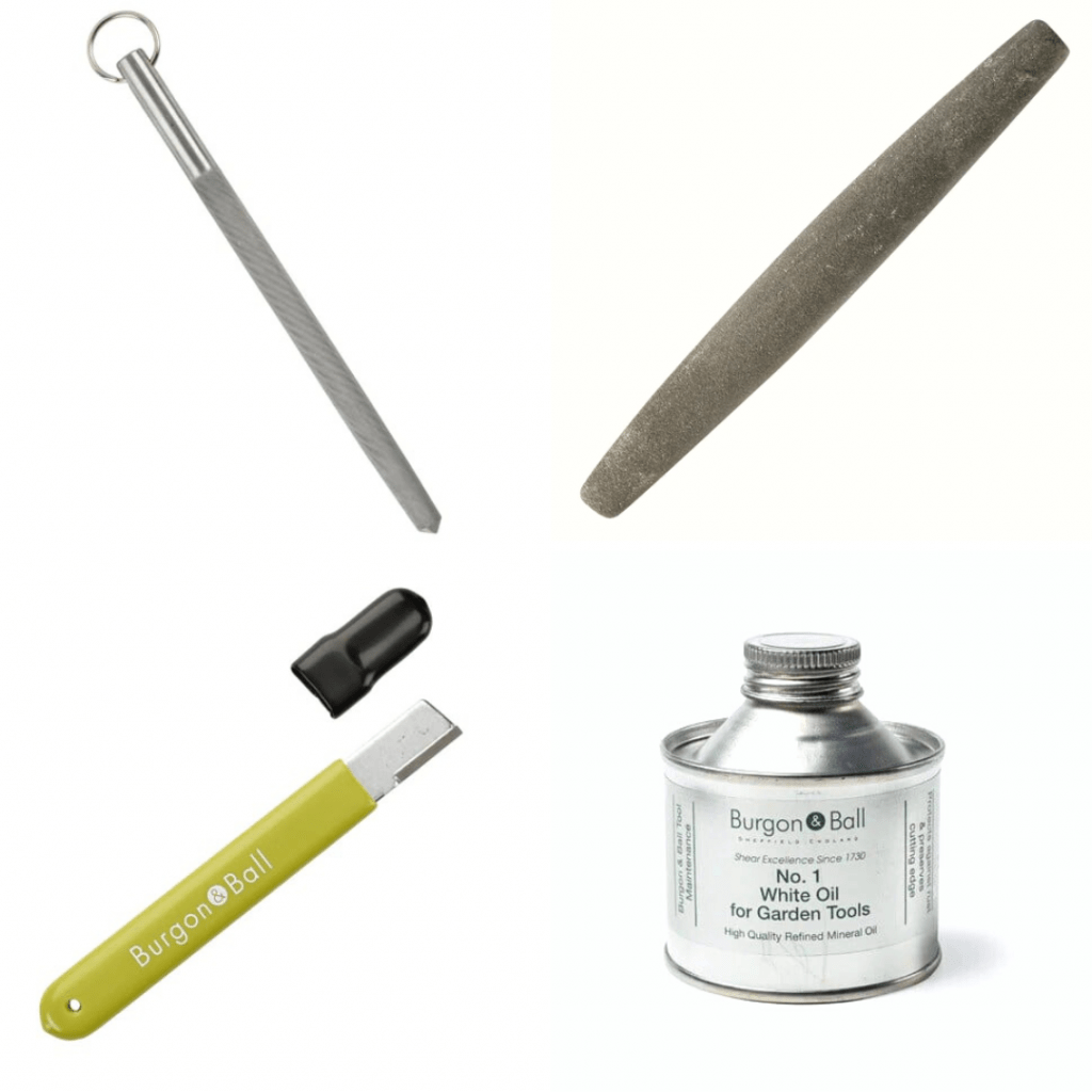 Burgon and Ball Garden Tool Maintenance Equipment.
Sharpening Stone, Oil, Blade Edge Restorer, Sharpening Steel