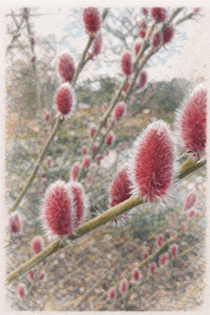 Close-up of Salix Mount Aso catkins glowing pink and silver on bare winter branches, bringing colour, texture and seasonal interest to the garden.